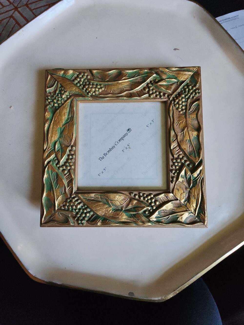 The Bombay Company 5x5 Gold and Green Leaf Embossed Picture Frame
